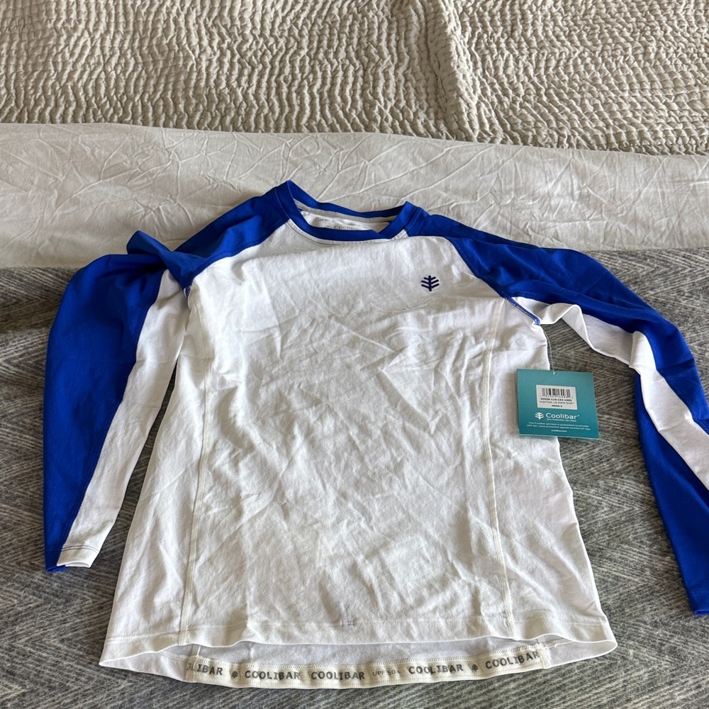 Coolibar Men’s Small sun shirt Raglan Blue and White Long Sleeve